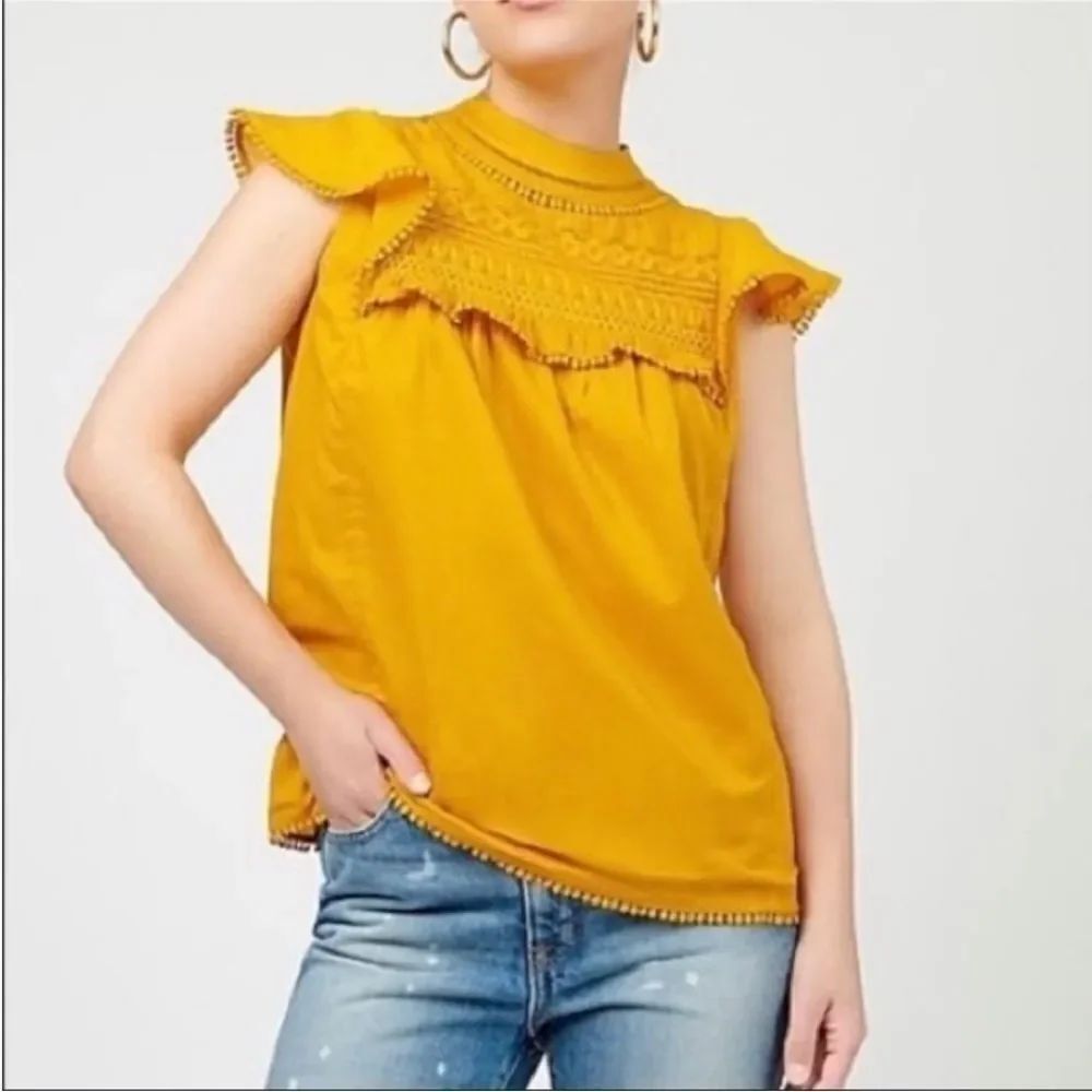 J. Crew Flutter-Sleeve Crocheted Lace Top Embroidered Boho Mustard SZ XS NWT